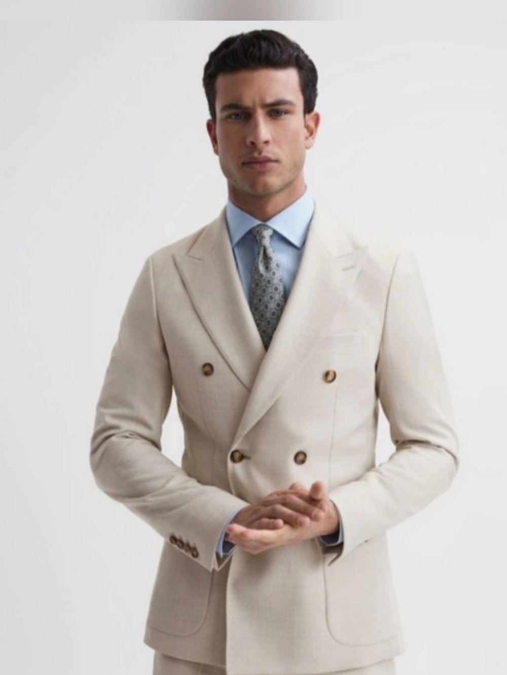 Reiss Men's Double-Breasted Wool-Blend Cream Suit Jacket Size 42